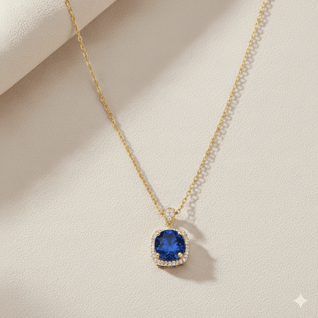 Square Shape Round Sapphire CZ Charm Necklace