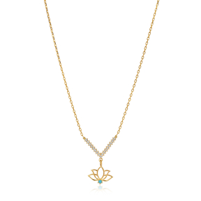 Turquoise Stone Lotus Design CZ Charm Necklace