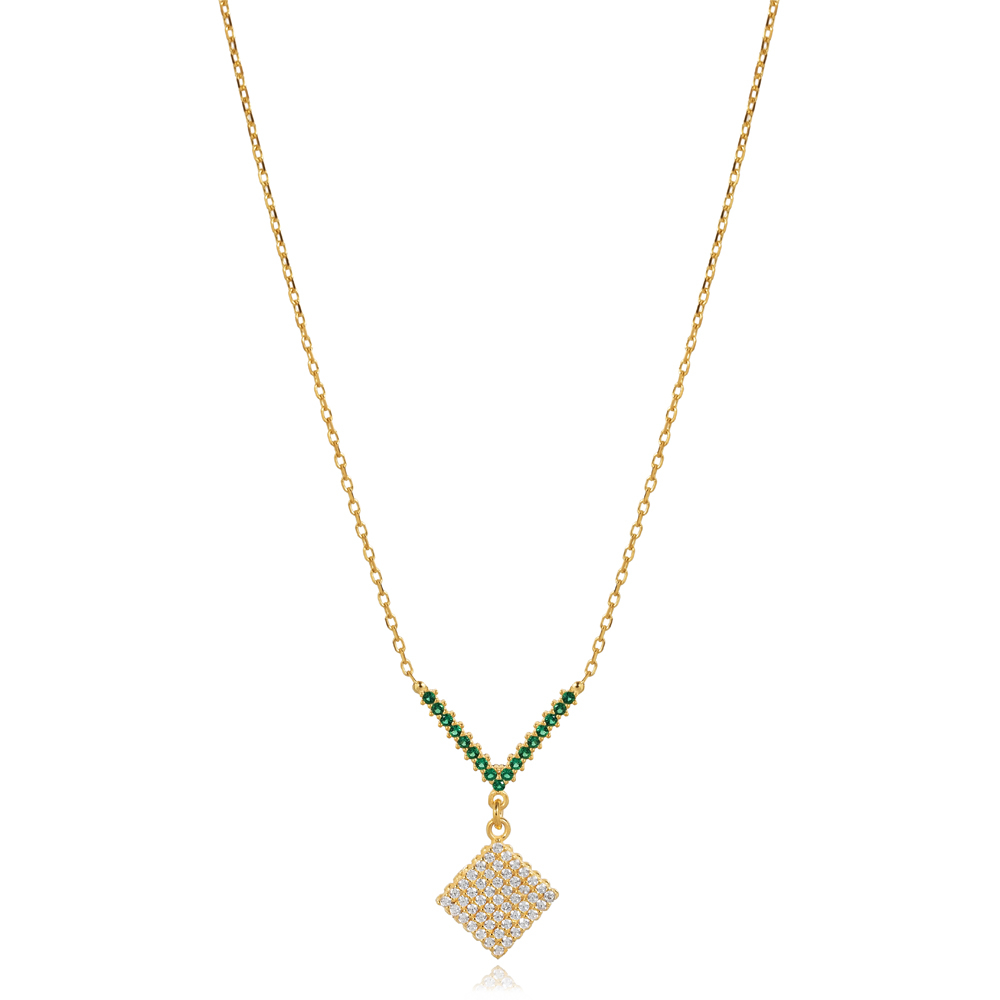 Square Design Emerald CZ Stone Charm Necklace