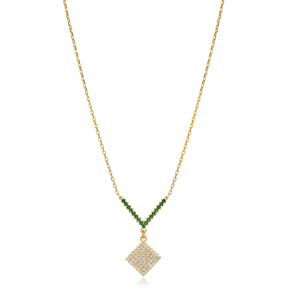 Square Design Emerald CZ Stone Charm Necklace