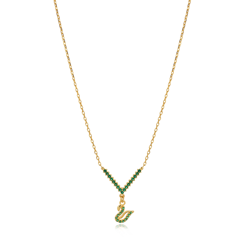 Emerald CZ Stone Swan Design Charm Necklace
