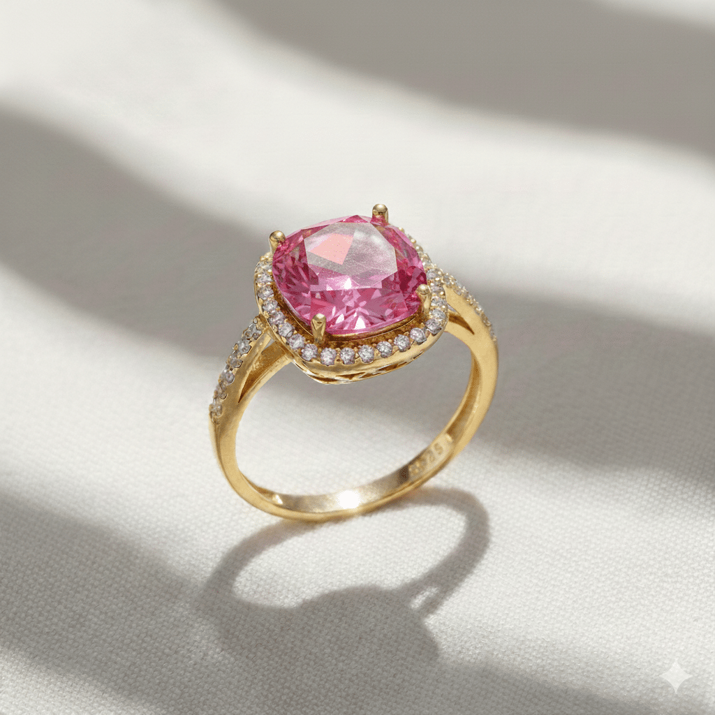 Square Shape Round Pink Stone Cluster Ring
