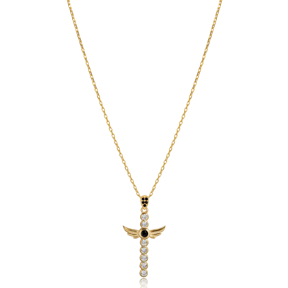 Angel Wings CZ Stone Cross Charm Necklace