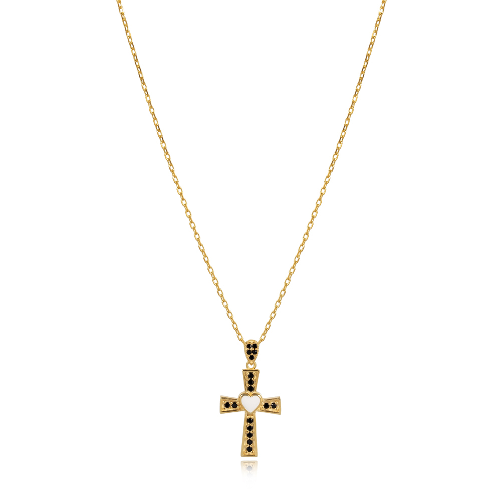 White Enamel Heart Angel Wings CZ Cross Necklace
