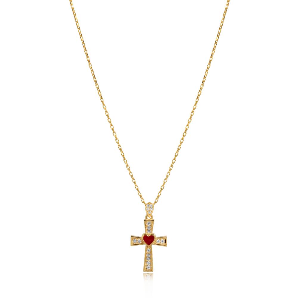 Red Enamel Heart Angel Wings CZ Cross Necklace