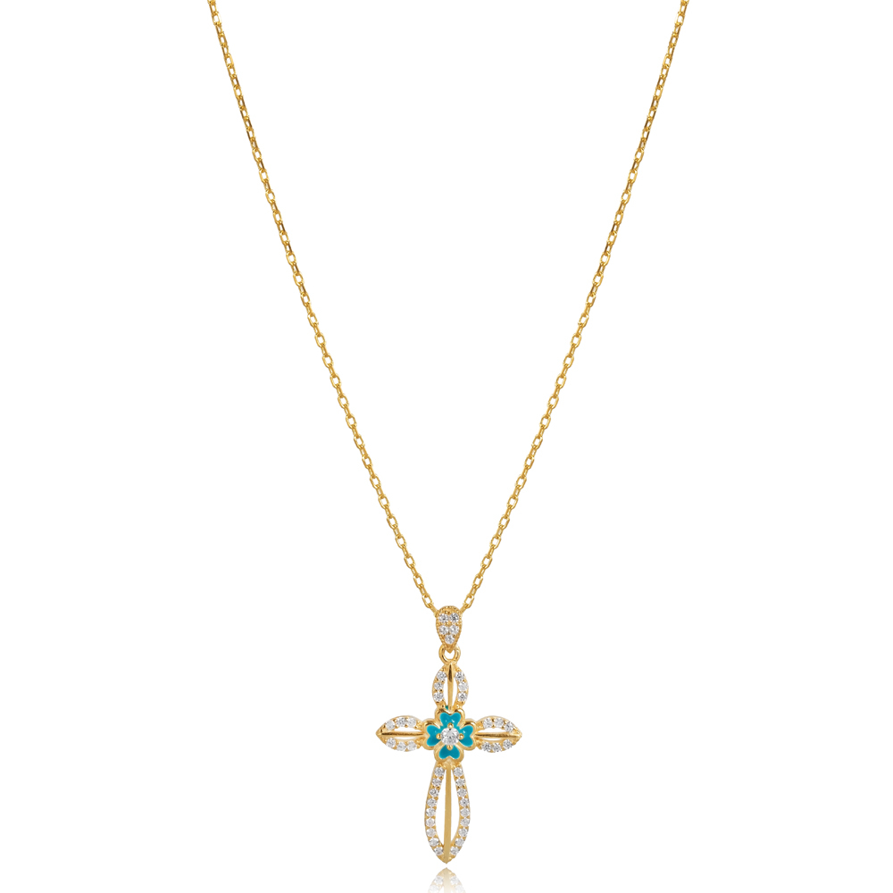 Turquoise Enamel Modern CZ Cross Necklace
