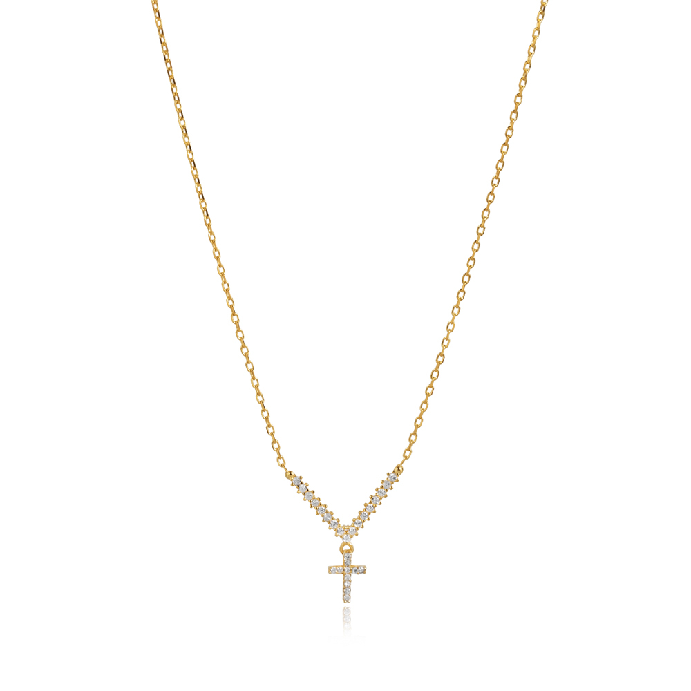 Minimal Cross Design CZ Stone 925 Necklace