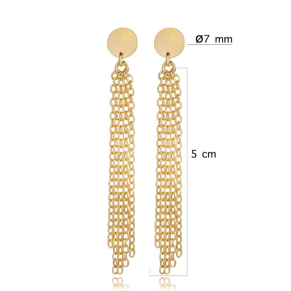 Plain Round Laser Chain Stud Long Earring