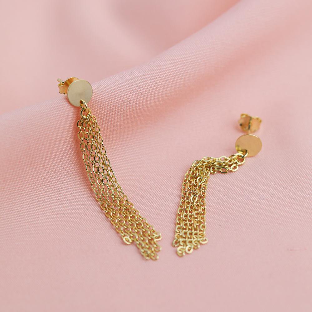 Plain Round Laser Chain Stud Long Earring