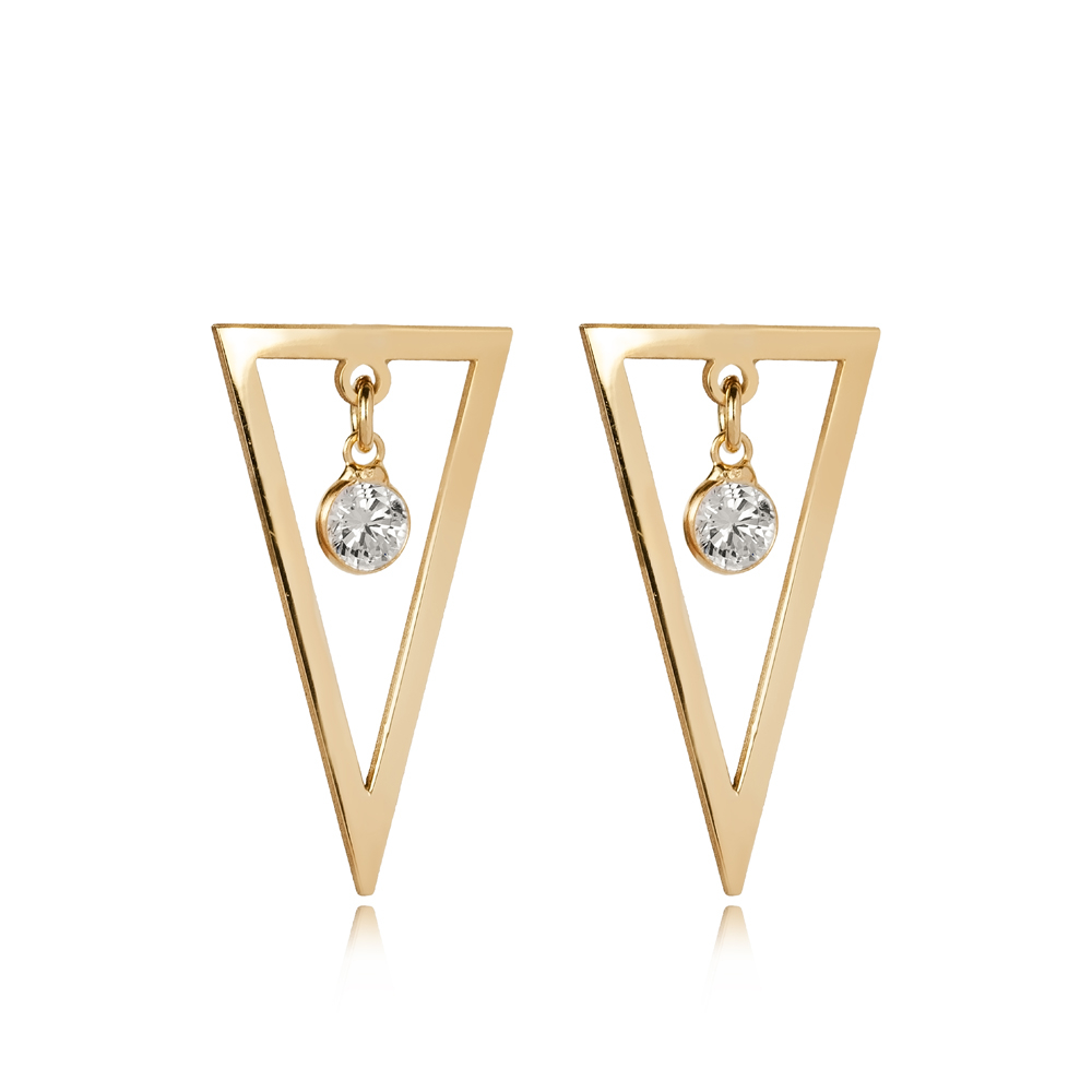 Plain Triangle Round CZ Stone Stud Earrings