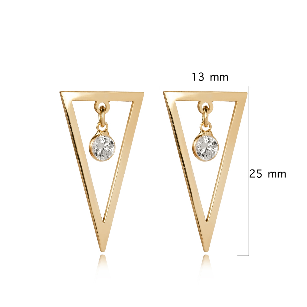Plain Triangle Round CZ Stone Stud Earrings