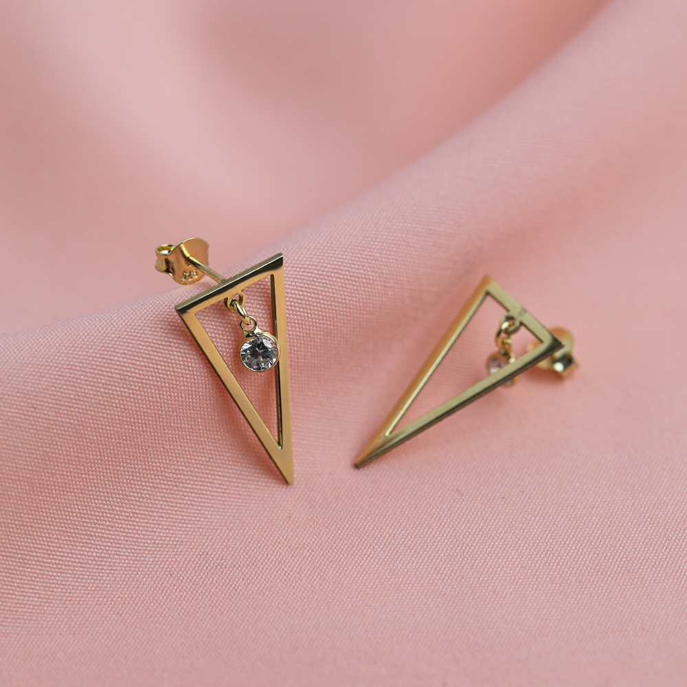 Plain Triangle Round CZ Stone Stud Earrings
