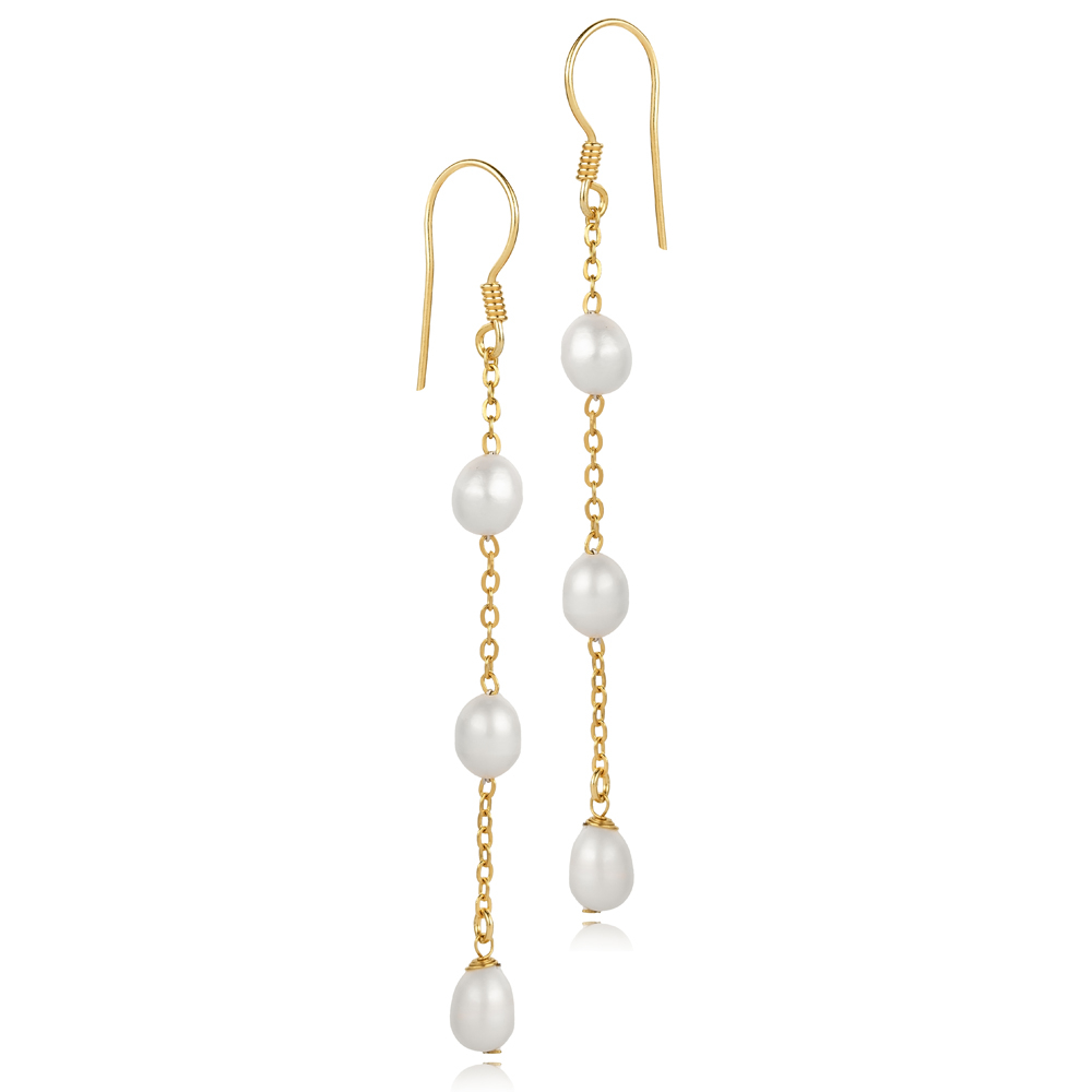 Chain Round Pearl Design Threader Earrings