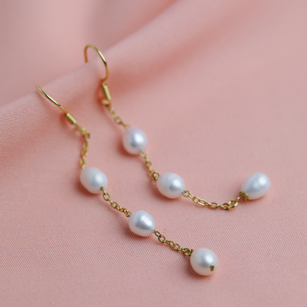 Chain Round Pearl Design Threader Earrings