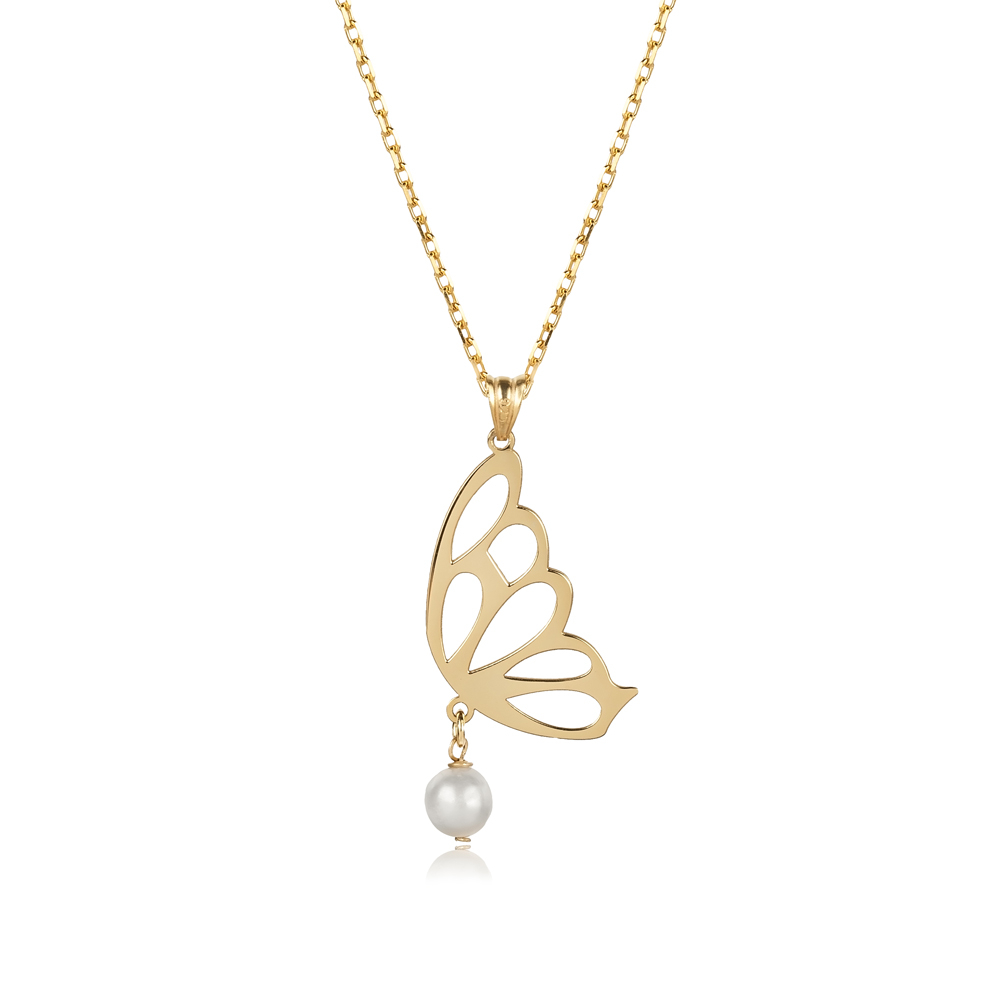 Plain Butterfly Pearl Design Charm Necklace