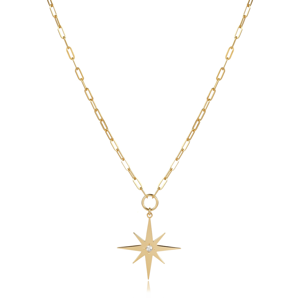CZ Stone Plain North Star Charm Necklace