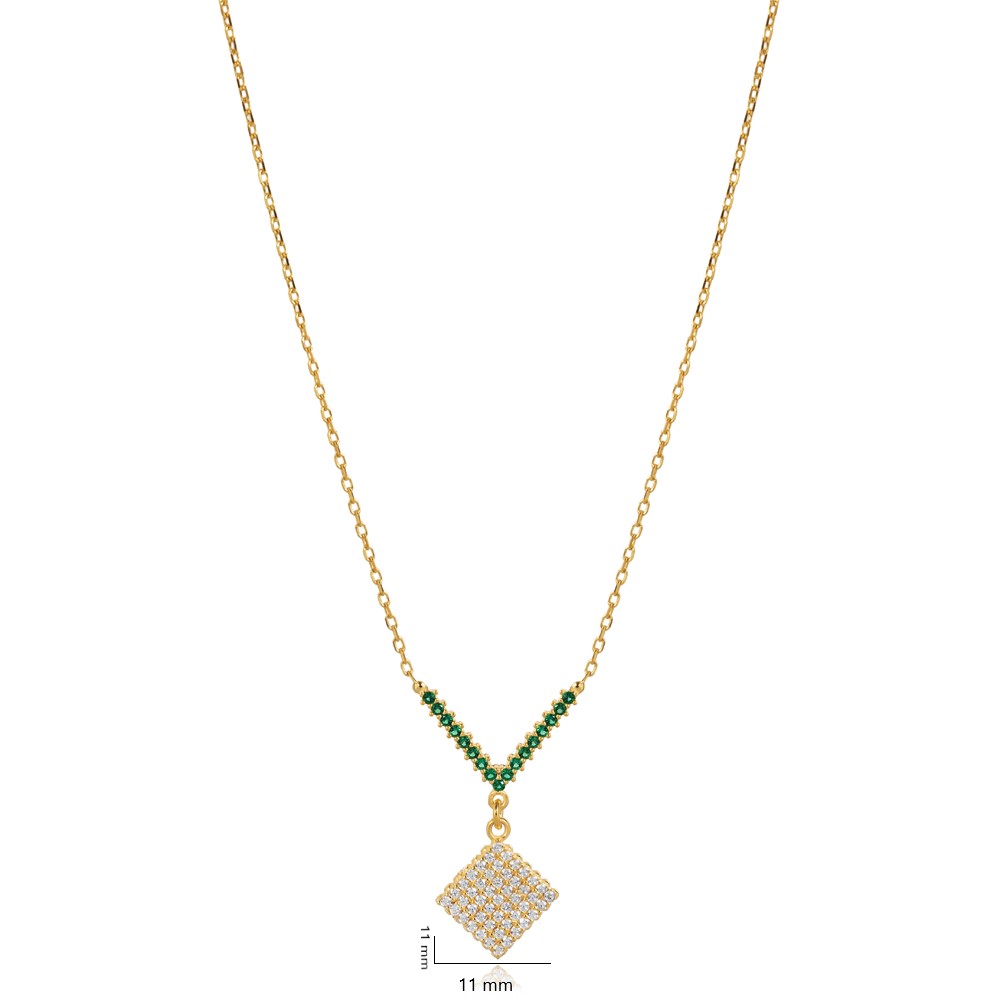 Square Design Emerald CZ Stone Charm Necklace