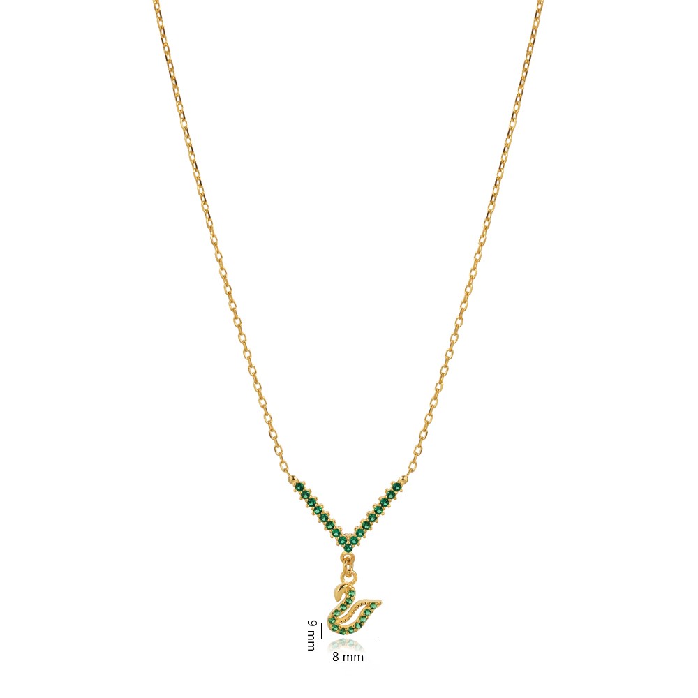 Emerald CZ Stone Swan Design Charm Necklace