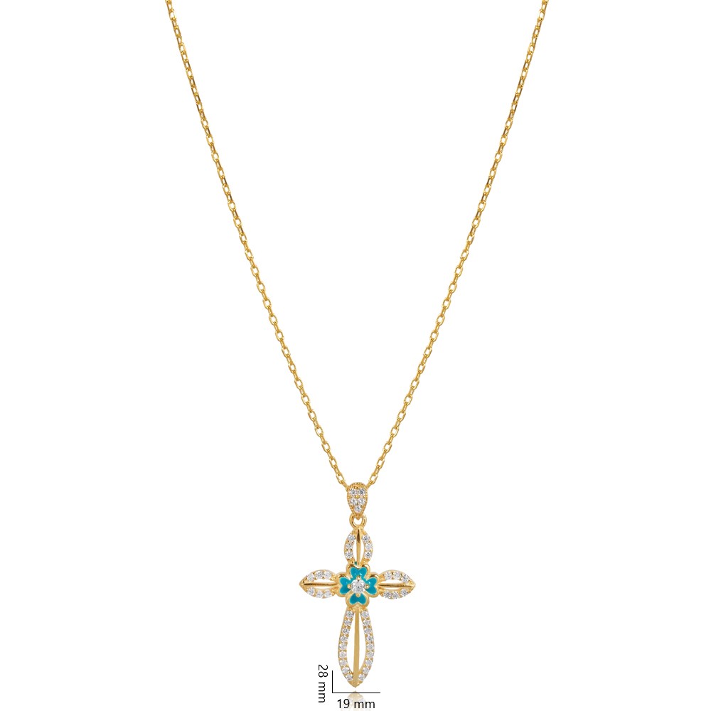 Turquoise Enamel Modern CZ Cross Necklace