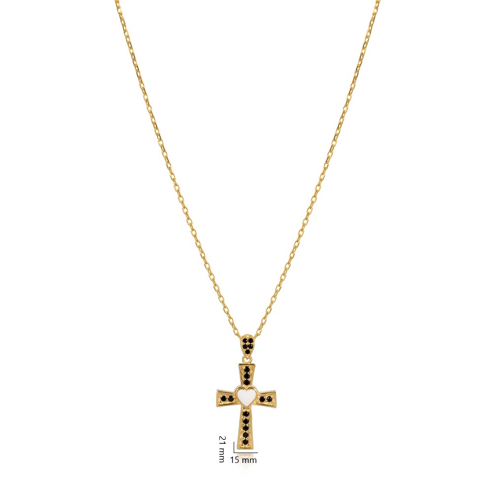 White Enamel Heart Angel Wings CZ Cross Necklace