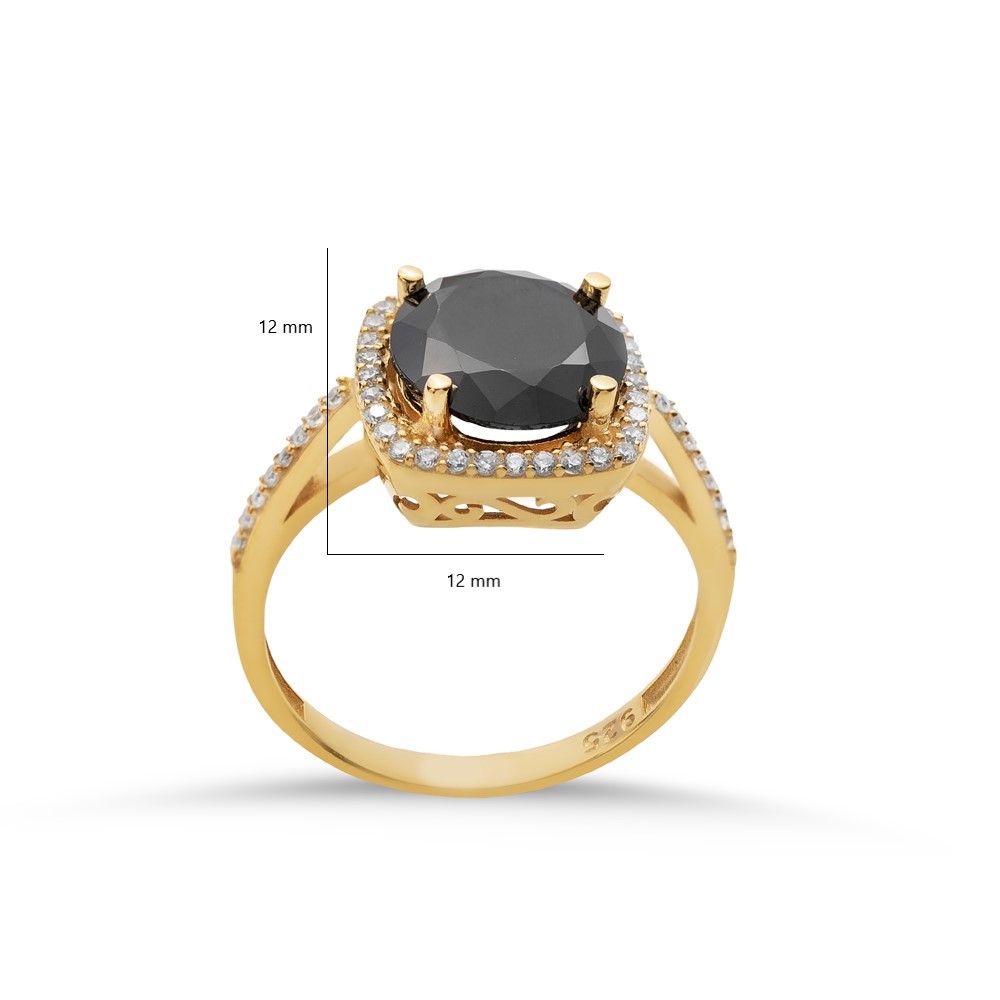 Square Shape Round Black Stone Cluster Ring