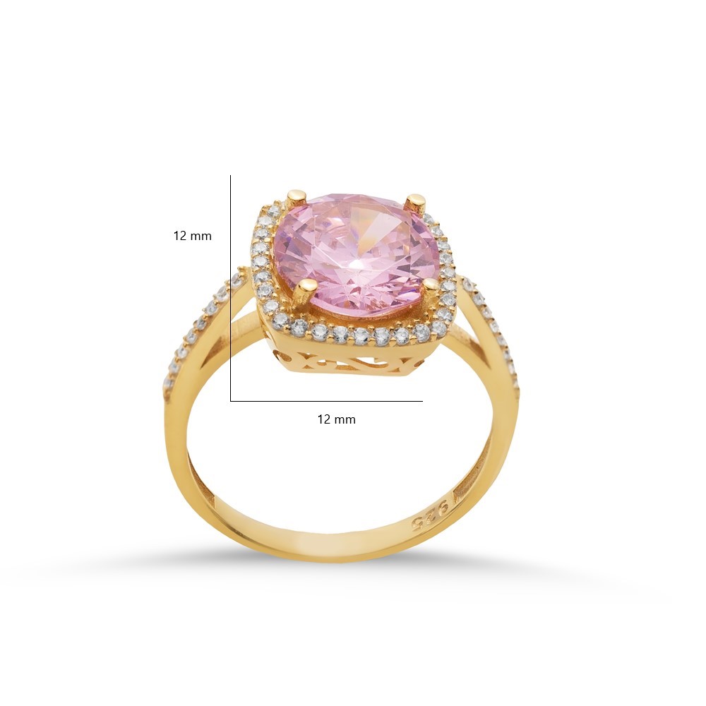 Square Shape Round Pink Stone Cluster Ring