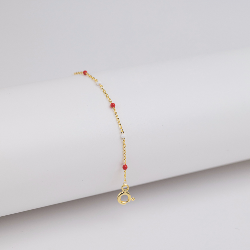 Red And White Enamel 925 Chain Bracelet
