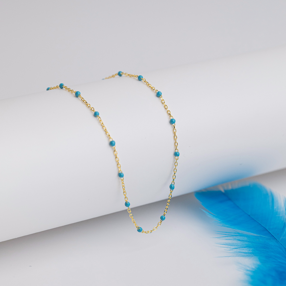 Turquoise Color Enamel 925 Chain Necklace