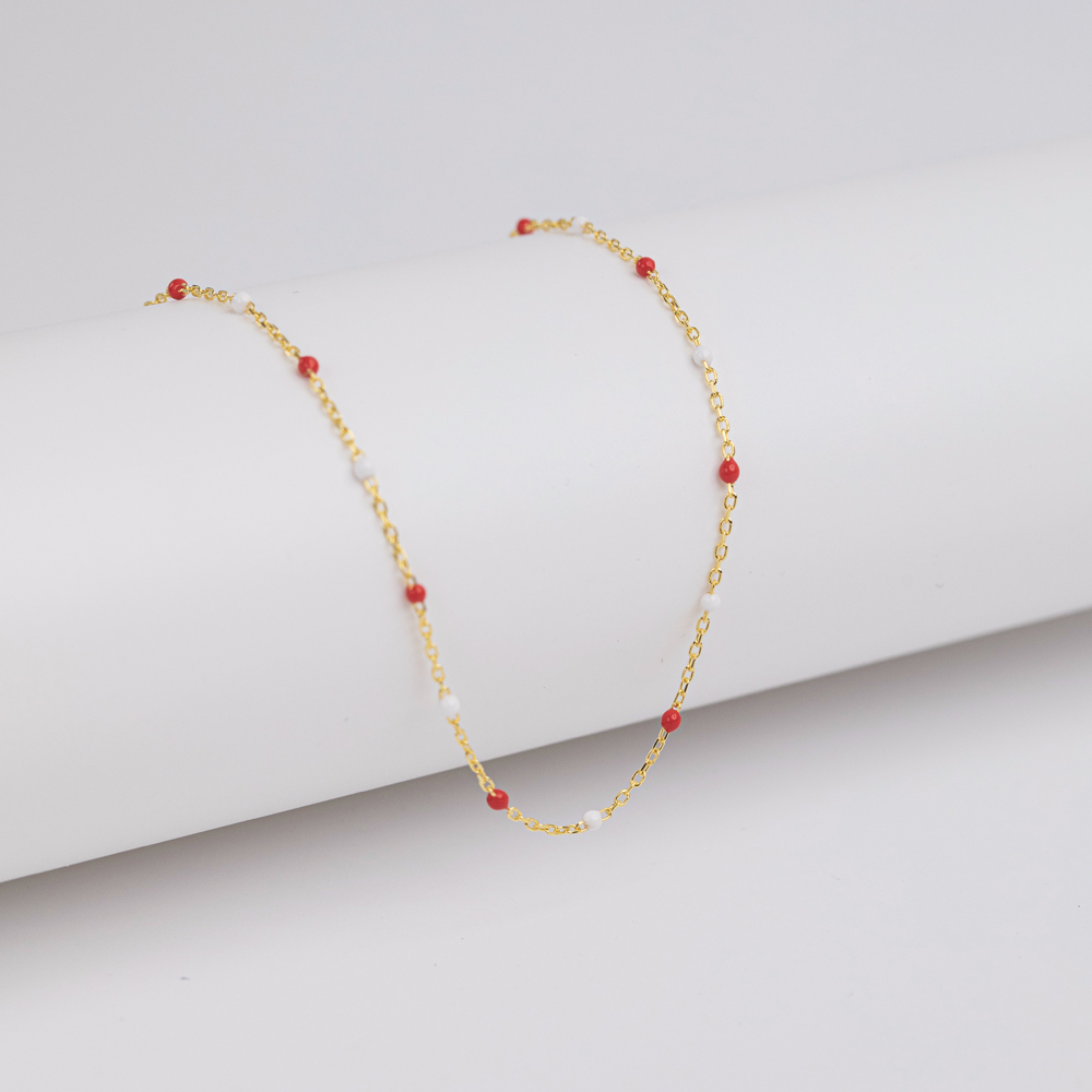 Red And White Color Enamel 925 Chain Necklace