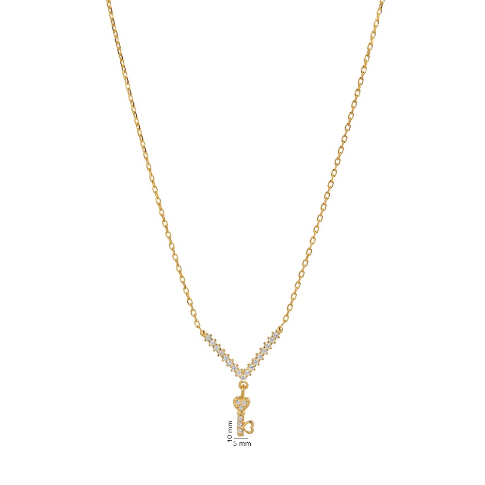 Heart Key Shape CZ Stone Charm Necklace