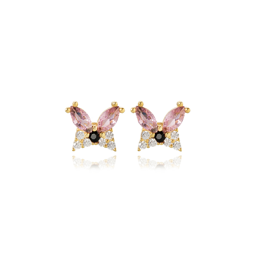 Tiny Butterfly Pink CZ Stone Stud Earrings