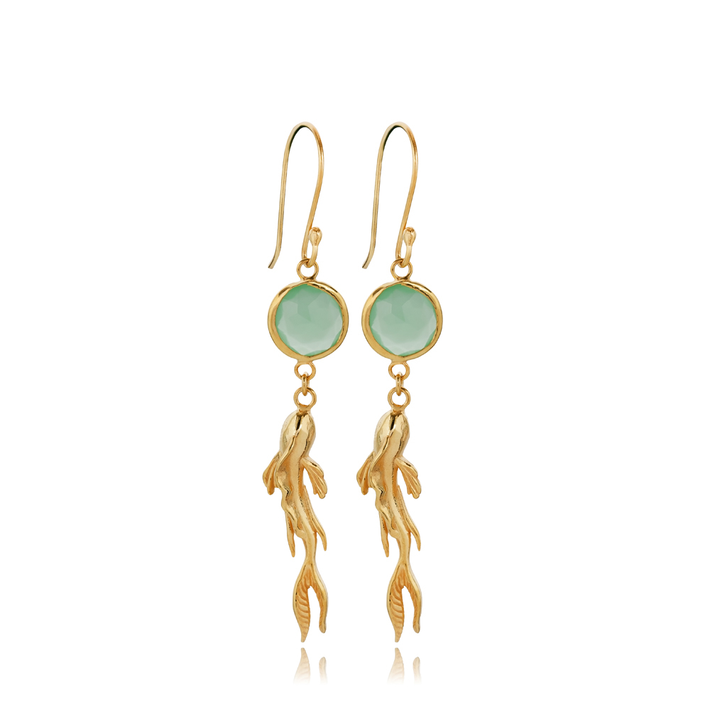 Aqua Green Round Gold Bezel Hook Earring