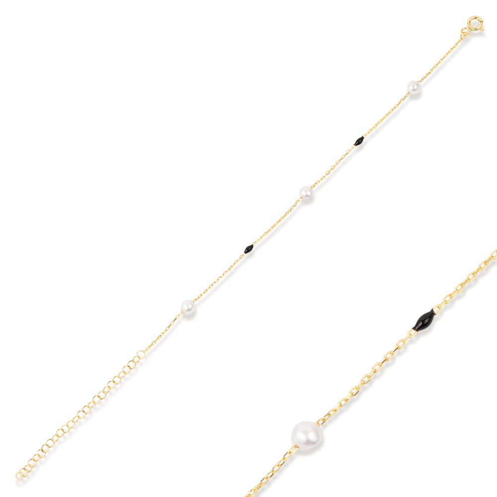 Black Color Enamel Round Pearl Chain Bracelet