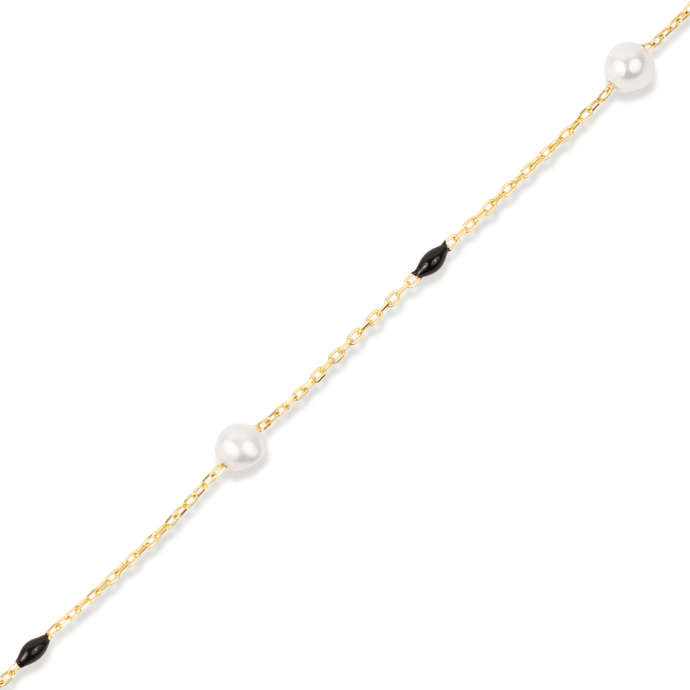 Black Color Enamel Round Pearl Chain Bracelet