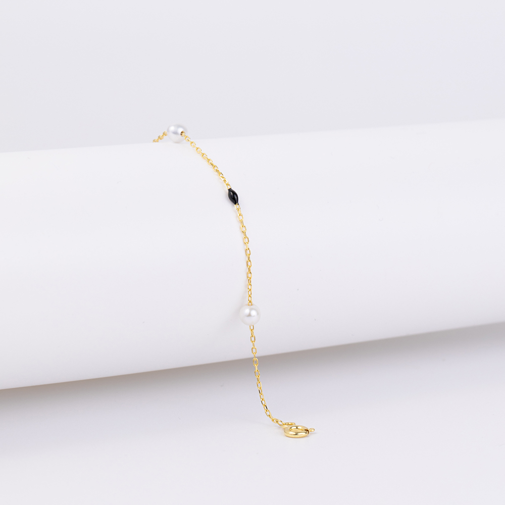 Black Color Enamel Round Pearl Chain Bracelet