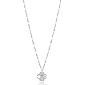 Unique Design Four Leaf Clover Zircon Stone Necklace Turkish 925 Sterling Silver Jewelry