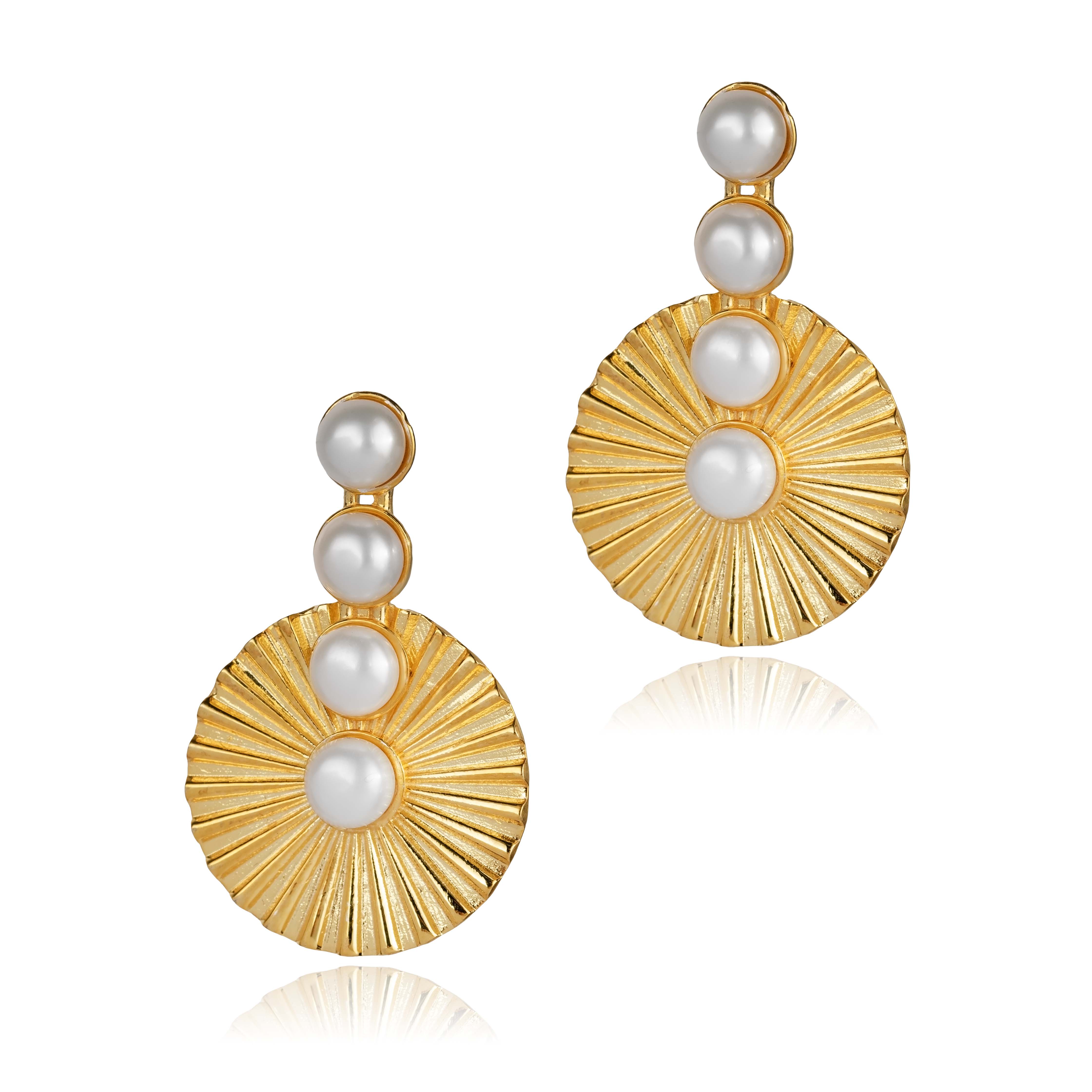 Golden Sunburst Pearl Vintage Earrings