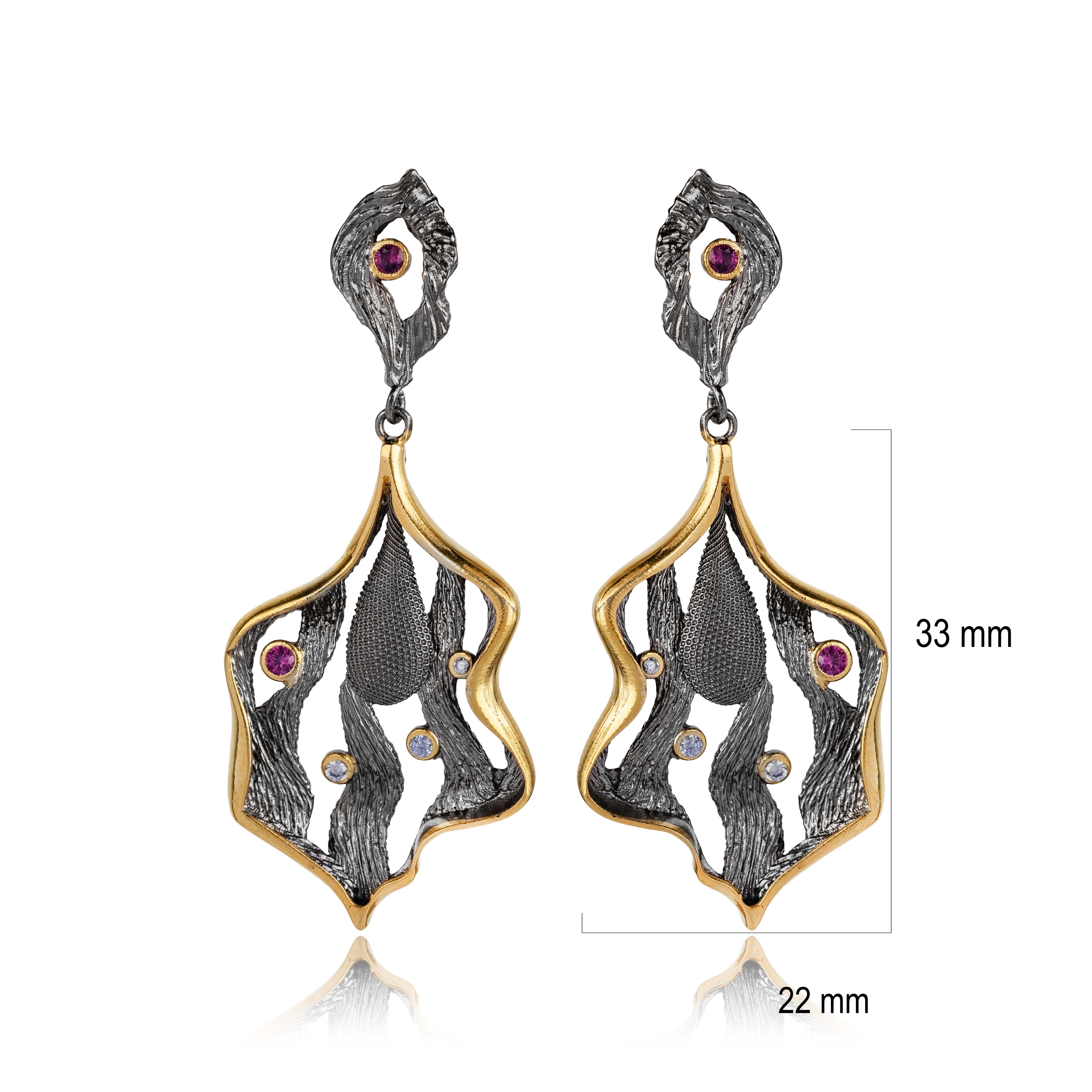 Artisan Oxidized Ruby Leaf 925 Vintage Earrings