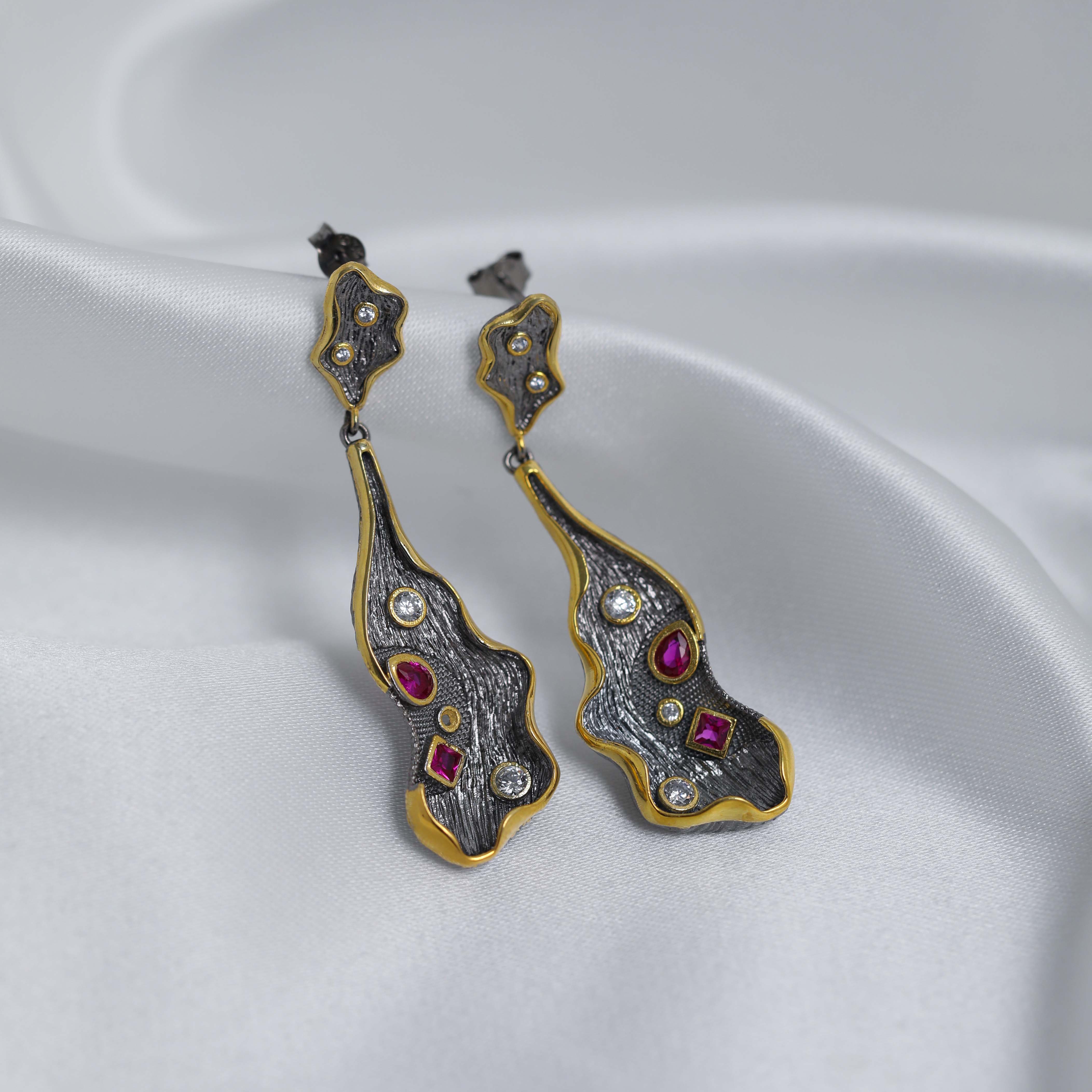 Two Tone Textured Ruby Wholesale 925 Earrings
