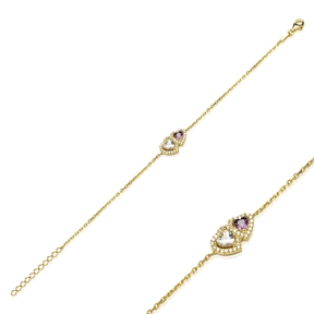 Twin Heart Amethyst And White CZ Charm Bracelet