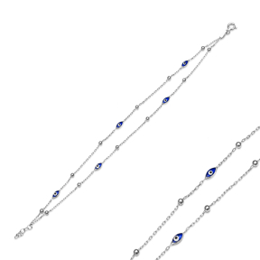 Blue Oval Evil Eye Double Chain 925 Bracelet