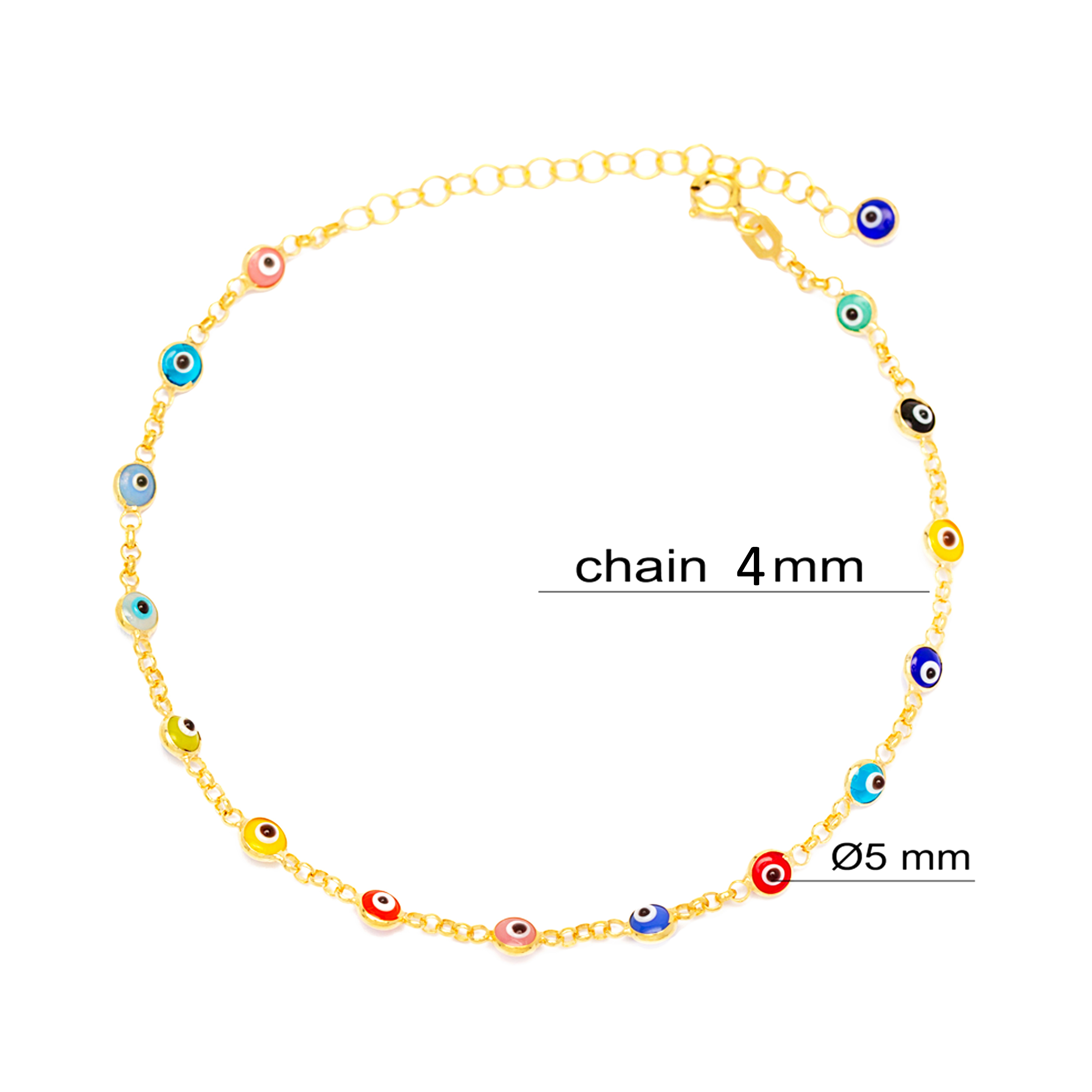 30 Forse Doc Rolo Chain Multicolor Evil Eye Stone Women Trendy Anklet 925 Sterling Silver Jewelry