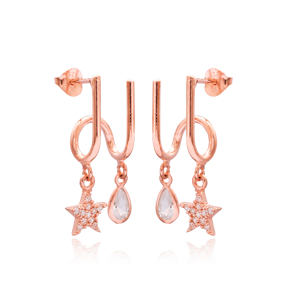 Star and Drop Design Two in One Earrings Wholesale Turkish 925 Sterling Silver Jewelry