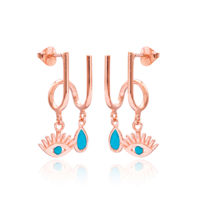Turquoise Eye and Drop Design Two in One Earrings Wholesale Turkish 925 Sterling Silver Jewelry