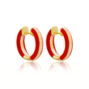 Red Enamel Zircon Stone Hoop Earrings Turkish Wholesale 925 Sterling Silver Jewelry