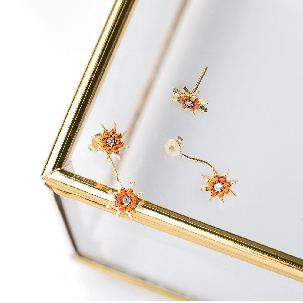 Star Shape Orange Zircon Stone Stud Earring Handcrafted Wholesale Turkish 925 Silver Sterling Jewelry