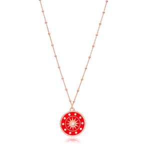 Round Design Red Enamel Necklace Turkish Wholesale 925 Sterling Silver Jewelry