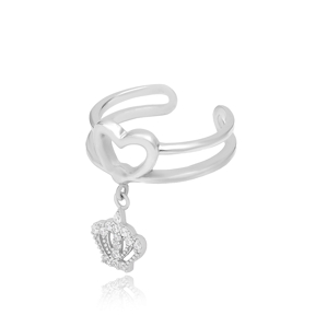 Crown Charm Adjustable Heart Ring Turkish Wholesale Handcrafted 925 Silver Jewelry