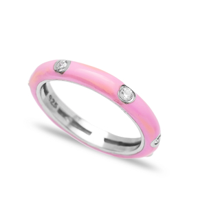 Pink Enamel CZ Stone Wholesale 925 Sterling Silver Silver Band Ring