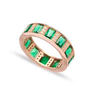 Baguette Emerald Stone Band Ring Turkish Wholesale 925 Sterling Silver Jewelry